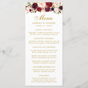Waterverf Bourgogne Bloemen Bruiloft Goud Menu