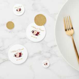 Waterverf Bourgogne Bloemen Bruiloft Gouden Glitte Confetti