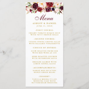 Waterverf Bourgogne Bloemen Goud Bruiloft Menu