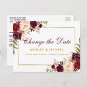 Waterverf Bourgogne Bloemen Goud Verander de datum Briefkaart (Voorkant / Achterkant)