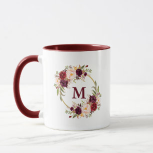 Waterverf Bourgogne Bloemen Gouden Cirkel Monogram Mok
