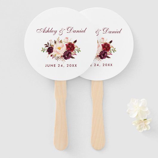 Waterverf Bourgogne Bloemenbruiloft B Handwaaier (Voorkant en achterkant)