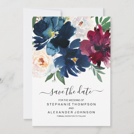 Waterverf Bourgogne Navy Flowers Save the Date (Voorkant)