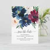 Waterverf Bourgogne Navy Flowers Save the Date (Staand voorkant)