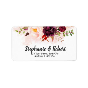 Waterverf Bourgogne Rood Bloemen Adreslabel Etiket