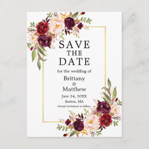 Waterverf Bourgogne Rozen Goud Lijst Save the Date Briefkaart