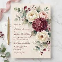 Waterverf Bourgondi Roze Bloemige Bruiloft