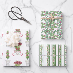 Waterverf Bourgondië Amaryllis & Topiary Kerstmis Inpakpapier Vel