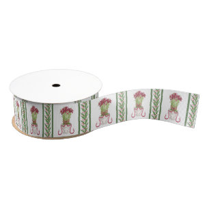Waterverf Bourgondië & Groene Amaryllis Kerst Grosgrain Lint