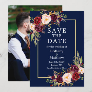 Waterverf Bourgondische Rozen Blauw Goud Lijst Fot Save The Date
