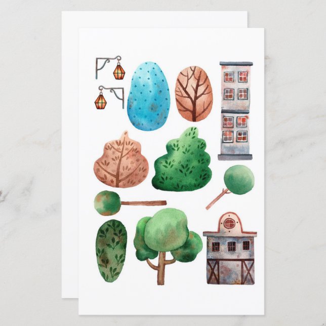 Waterverf bouwt bomen om uit te snijden en te coll (Voorkant / Achterkant)