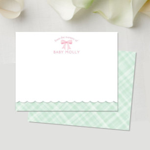 Waterverf Bow Preppy Roze Mint Plaid Nieuwe Baby Notitiekaartje