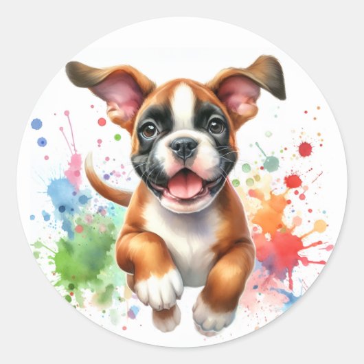 Waterverf Boxer Dog Joy Ronde Sticker (Voorkant)