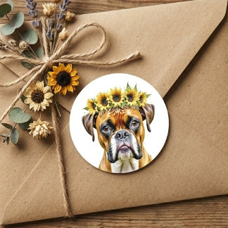 Waterverf Boxer Hond Bloemenkroon Zonnebloem Kroon Ronde Sticker