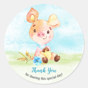 Waterverf Boy Piggy Baby shower Boerderij Bedankt Ronde Sticker