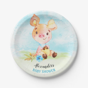 Waterverf Boy Piggy Boerderij Baby shower Papieren Bordje