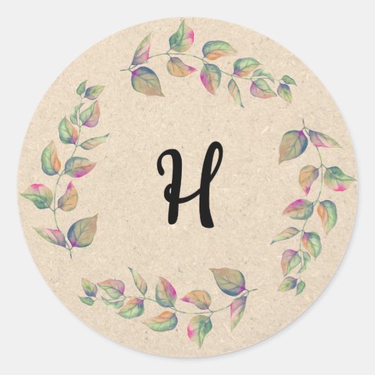 Waterverf Branches Kraft Paper Monogram Stickers (Voorkant)