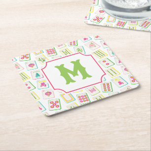 Waterverf Bright Mahjong Tegels Monogram Vierkante Kartonnen Onderzetter