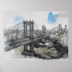 Waterverf Brooklyn Bridge Poster – Elegant NYC