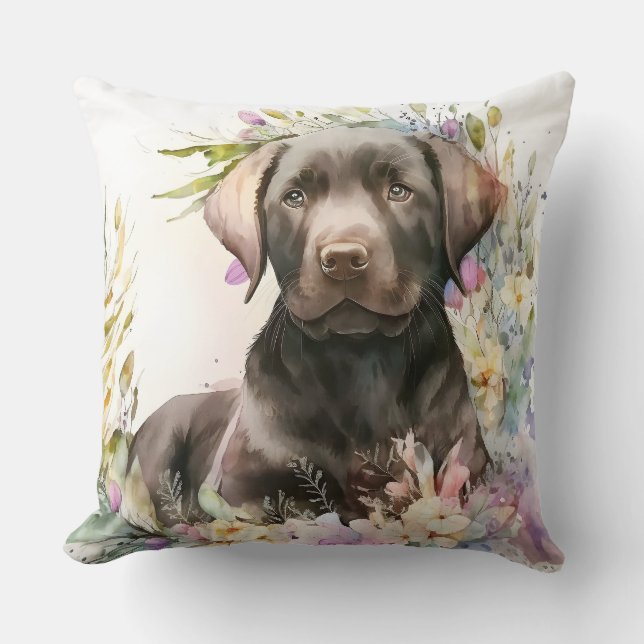 Waterverf Brown Labrador Retriever en Flowers Kussen (Voorkant)