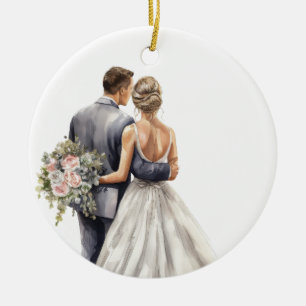 WATERVERF BRUID EN BRUIDEGOM BRUILOFT KERAMISCH ORNAMENT
