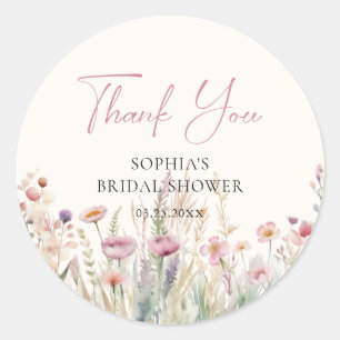 Waterverf bruidsdouche wilde bloemenveld lente ronde sticker