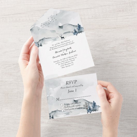 Waterverf bruiloft in Foggy Mountains All In One Uitnodiging (Afscheurbaar)
