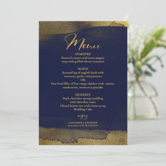 Waterverf bruiloft menu's | Blauw Abstract verguld Kaart (Staand voorkant)