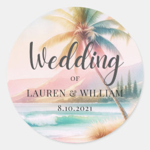 Waterverf Bruiloft met Palmboom op Strand Ronde Sticker