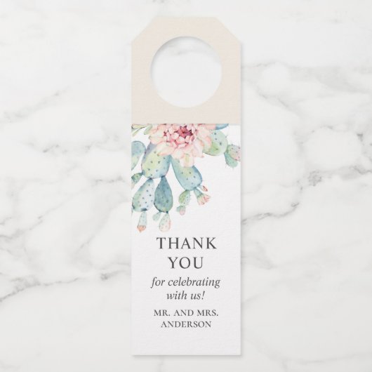 Waterverf bruiloft vetplanten. Cactus bedankt Flessenhanger (Voorkant)