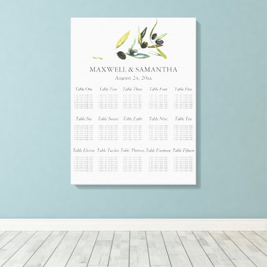Waterverf Bruiloft Zittafel Botanische Olijf Canvas Afdruk (Insitu (Houten vloer))