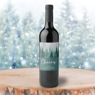 Waterverf bruiloftsfeest met groene dennenboom bos wijn etiket