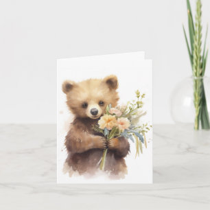 Waterverf bruin Beer met bloemen Notitiekaartje