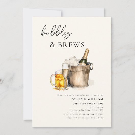 Waterverf Bubbles & Brews Koppels Vrijgezellenfees Kaart (Voorkant)