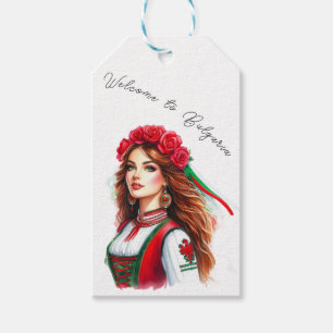 Waterverf Bulgaarse vrouw Rozen Folklore Welkom Cadeaulabel