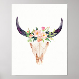 Waterverf Bull Skull met roze bloemen Poster
