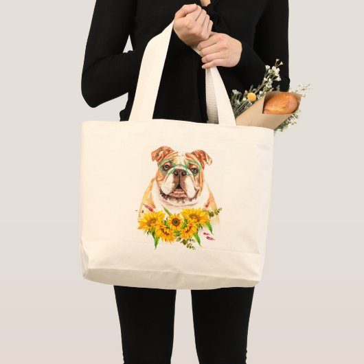 Waterverf Bulldog & Sunflower Grote Tote Bag (Voorkant (product))