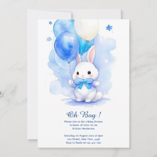 Waterverf Bunny Boy Baby shower Uitnodiging (Voorkant)