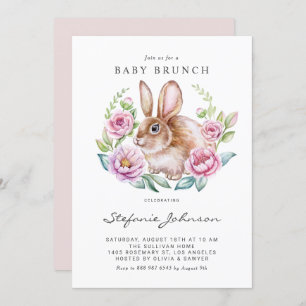 Waterverf Bunny en Roze Bloemen Baby Brunch Kaart