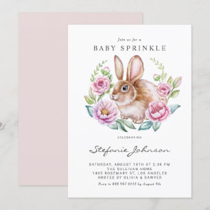 Waterverf Bunny en Roze Bloemen Baby Sprinkle Kaart