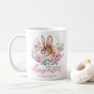Waterverf Bunny en Roze Bloemen Gelukkig Pasen Koffiemok