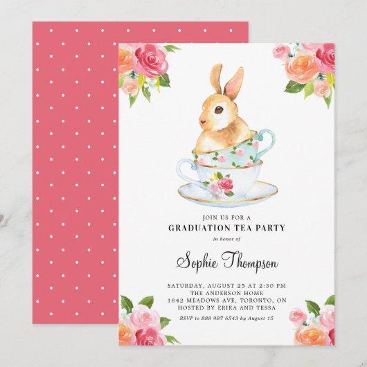 Waterverf Bunny over Teacups Floral Afstuderen Kaart (Voorkant / Achterkant)