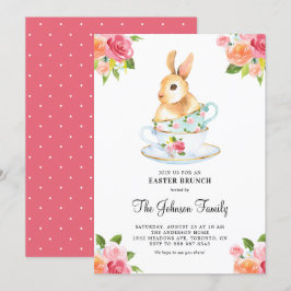 Waterverf Bunny over Teacups Floral Easter Brunch Kaart