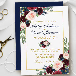 Waterverf Burgundy Blue Floral Gold Wedding BG Kaart