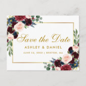 Waterverf Burgundy Blue Floral redt de datum goud Aankondigingskaart (Voorkant)