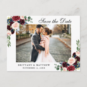 Waterverf Burgundy Blue Floral Save the Date Aankondigingskaart