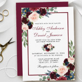 Waterverf Burgundy Blue Floral Wedding B Kaart