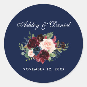 Waterverf Burgundy Blue Floral Wedding Ronde Sticker