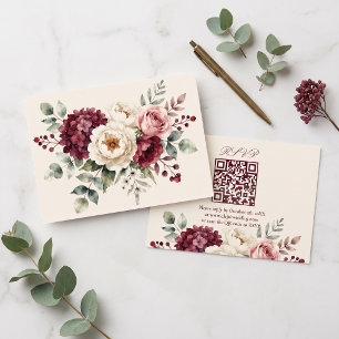Waterverf Burgundy Blush Bloemige Trouw-QR-code RSVP Kaartje
