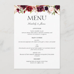 waterverf burgundy & blush floral bruiloft menu
